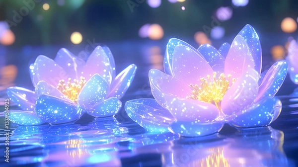Fototapeta Glowing, crystalline water lilies float on a dark, shimmering water surface, illuminated by soft light