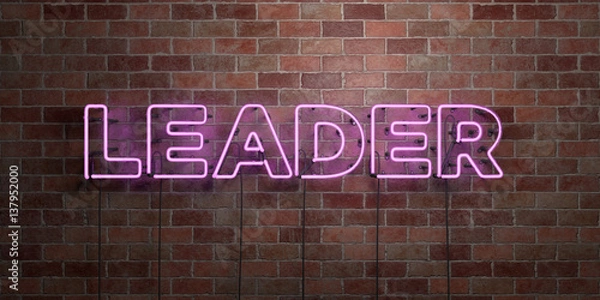 Fototapeta LEADER - fluorescent Neon tube Sign on brickwork - Front view - 3D rendered royalty free stock picture. Can be used for online banner ads and direct mailers..