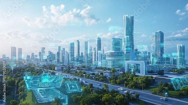 Fototapeta Futuristic Cityscape with Digital Technology and Urban Architecture