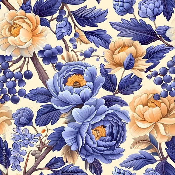 Fototapeta A vibrant floral pattern featuring peonies and berries in blue and peach tones.