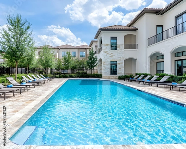 Obraz Luxurious apartment complex pool and patio area with lounge chairs under a partly cloudy sky