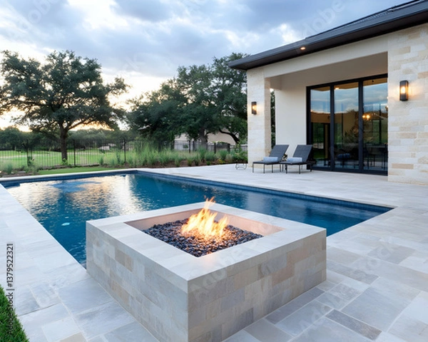 Obraz Luxurious backyard oasis with a rectangular pool, fire pit, and lounge chairs, set against a serene landscape at dusk