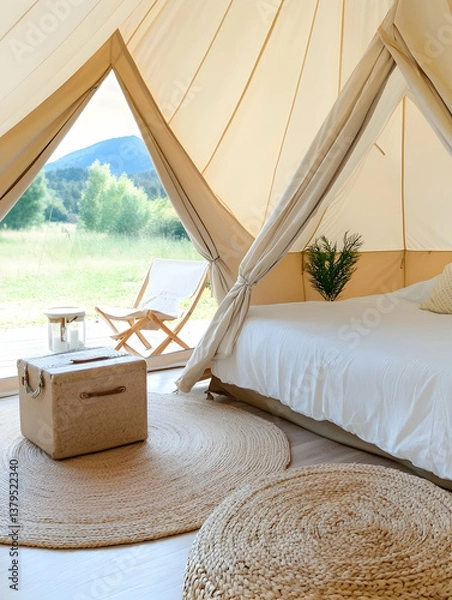 Obraz Luxurious glamping tent interior with a comfortable bed, seating, and scenic view