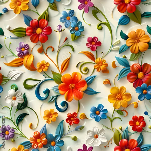 Fototapeta A vibrant floral pattern featuring various colorful flowers and leaves.