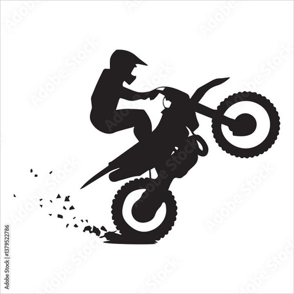 Obraz silhouette of motorcycle rider performing trick on white background, Motocross Silhouette Vector stock illustrator, Silhouette of a motocross rider doing a freestyle stunt in the air Vector