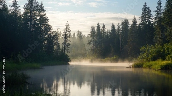 Fototapeta Fog Rolling Over Calm Lake Surrounded by Evergreen Trees