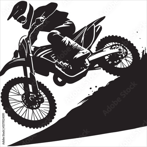 Obraz silhouette of motorcycle rider performing trick on white background, Motocross Silhouette Vector stock illustrator, Silhouette of a motocross rider doing a freestyle stunt in the air Vector