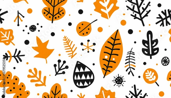 Fototapeta A vibrant pattern featuring autumn leaves and shapes in orange, black, and white.