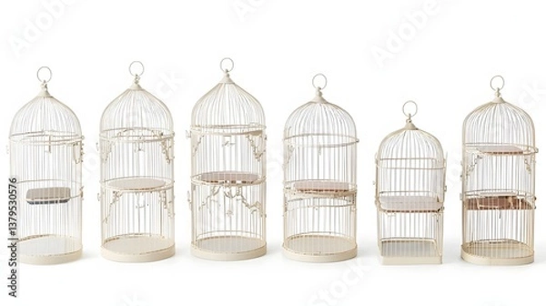 Obraz A collection of vintage inspired decorative bird cages in varying shapes and sizes featuring detachable trays displayed against a clean minimalist white background