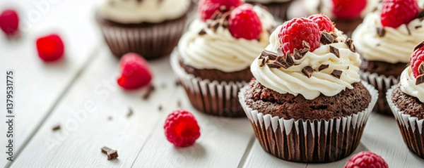 Fototapeta Chocolate cupcakes with white frosting, raspberries, and chocolate shavings on a white wooden table.