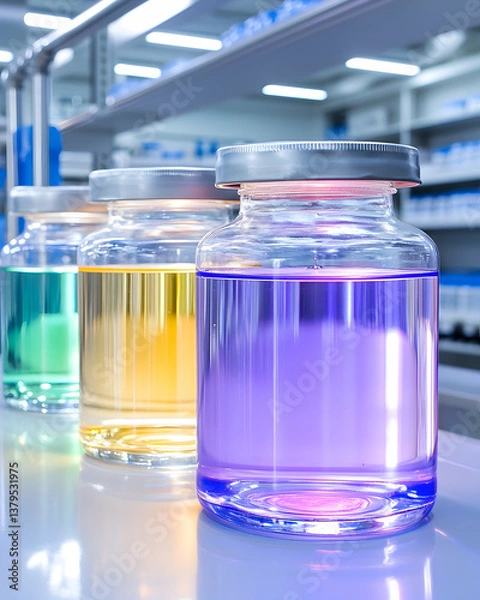 Fototapeta Three glass vials containing vibrant teal, yellow, and purple liquids sit on a lab counter