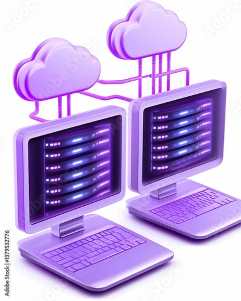 Fototapeta Two computers connected to cloud servers, illustrating data synchronization or network storage