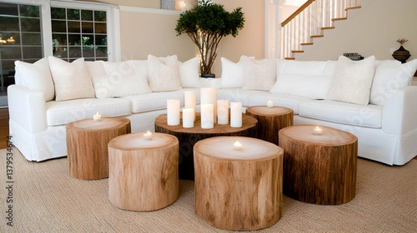 Fototapeta White sectional sofa and rustic wood stump coffee tables with candles in a bright living room