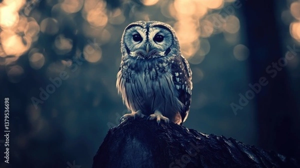 Fototapeta Owl Perched on Tree Stump in Forest with Soft Bokeh Background
