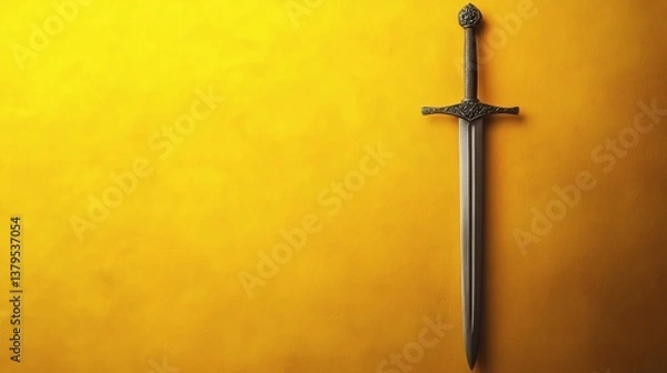 Fototapeta A historic sword lies against a vibrant gold backdrop, symbolizing courage and historical power with a simple, classic design.