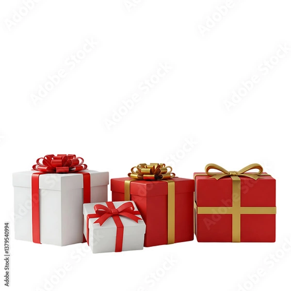 Fototapeta Festive Collection of Red and White Gift Boxes with Elegant Gold and Red Ribbons on a Clean White Background for Holiday and Celebration Themes