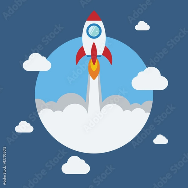 Fototapeta Rocket flat design concept for Project start up and development process.Space rocketship launch.Flying rocket space travel for business innovation product,creative idea and management.