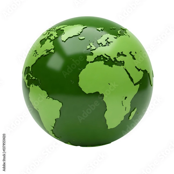 Fototapeta A green globe showcasing the world map, isolated with a white backdrop.