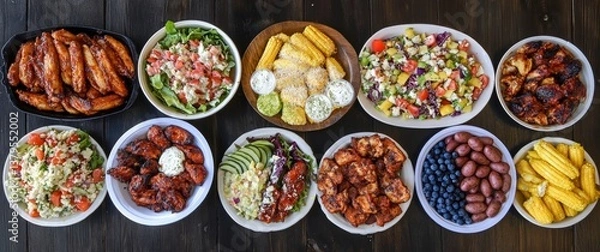 Fototapeta Diverse Food Platter Overhead Shot Featuring Wings Salad Corn and Fruit