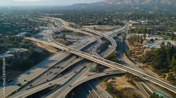 Obraz An aerial view of a busy highway interchange, with multiple lanes and roads intersecting, leaving space for text above.