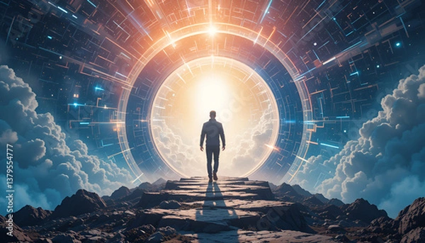 Fototapeta Visionary illustration of a person stepping through a futuristic portal into a bright horizon, representing breakthrough moments and limitless potential for entrepreneurial success.