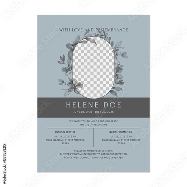 Obraz Floral funeral service invitation template features a translucent floral design and an oval placeholder for a photo on a muted blue background. The overall tone is elegant and somber