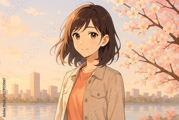 Obraz 春風に包まれたアニメの現代ガール

