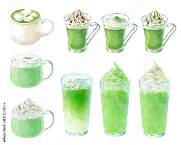 Obraz 抹茶ドリンクの水彩イラストセット