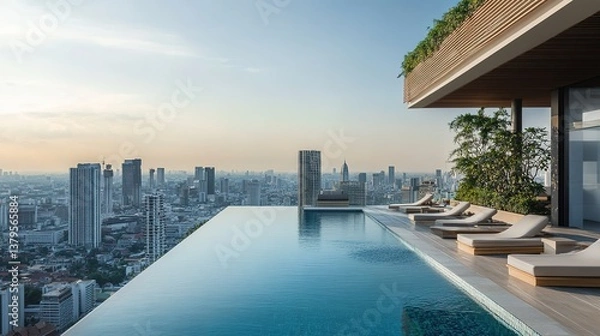 Obraz A stylish rooftop infinity pool with a city view.