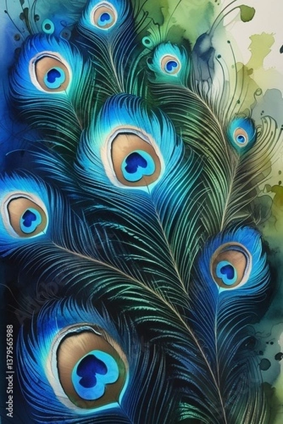 Fototapeta The watercolor painting features peacock feathers in intricate fractal patterns, capturing their natural beauty and adding depth with a recursive eye pattern.