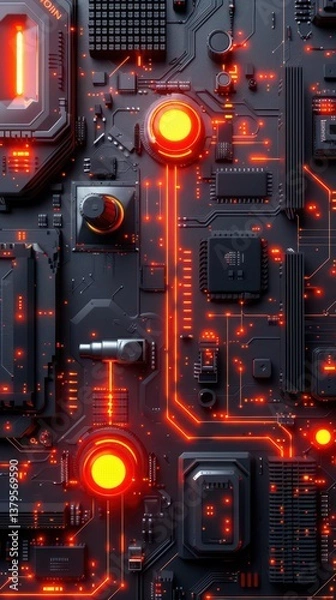 Fototapeta A close-up of a futuristic circuit board with glowing red elements and intricate pathways.