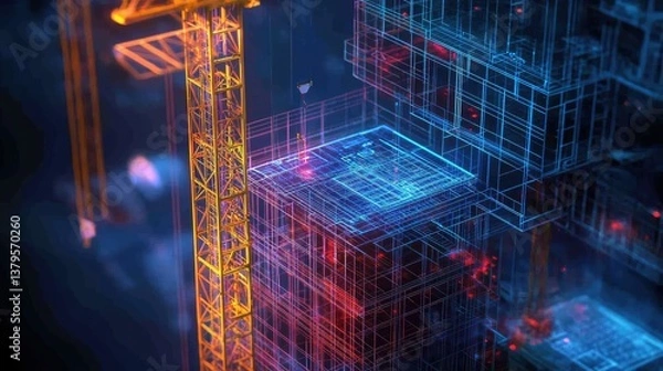 Obraz Futuristic construction crane with a glowing blueprint overlay, showcasing architectural engineering precision in high-rise development.