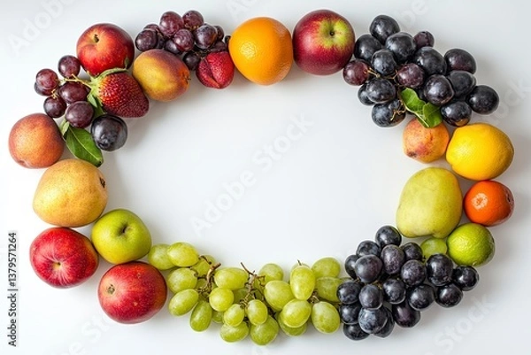 Fototapeta Arrangement of Fresh Fruits Creating a Circular Frame on White Background