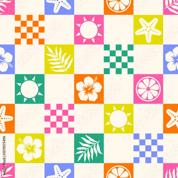 Obraz Colorful hibiscus, palm leaf, starfish, sun, citrus fruit with square pattern design for summer holidays background.