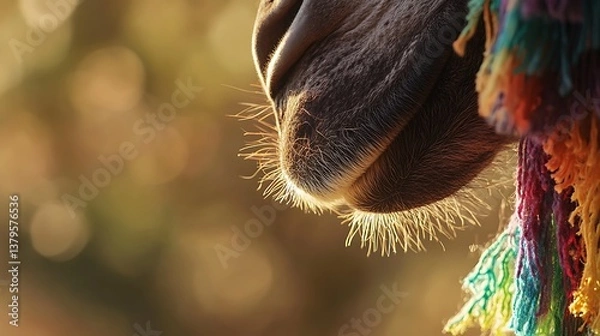 Fototapeta Close-up of a horse's nose with dew droplets in golden light, showcasing the softness of the fur against a colorful tassel background, evoking a tranquil atmosphere