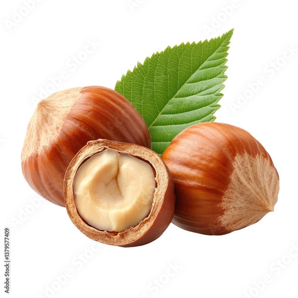 Fototapeta Hazelnuts with Leaves on transparent background