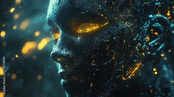Fototapeta Abstract Face, Digital Art, Glowing Particles,  Dark Background,  Mysterious Portrait, Cyberpunk Style,  Neon Lights,  Intriguing Image,  Unique Artistic Expression
