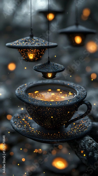 Fototapeta Glowing Teacup and Lanterns in Dark Forest