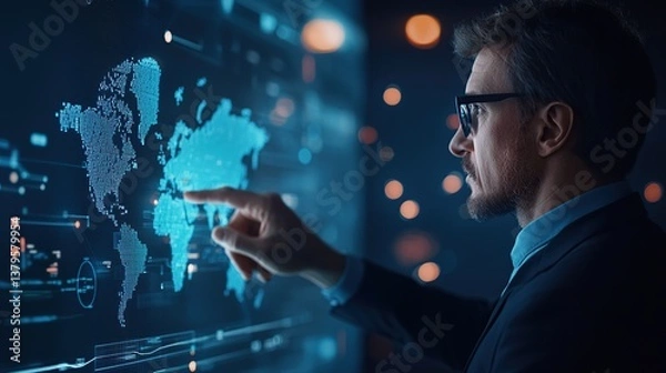 Fototapeta A man interacts with a digital world map on a screen, showcasing technology and data visualization.