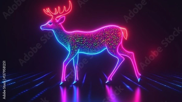 Fototapeta Neon deer silhouette on digital platform