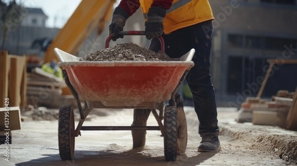 Obraz A construction worker loading materials into a wheelbarrow. Featuring preparation and efficiency