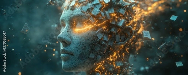 Fototapeta A 3Drendered artwork of a human head made of books and microchips