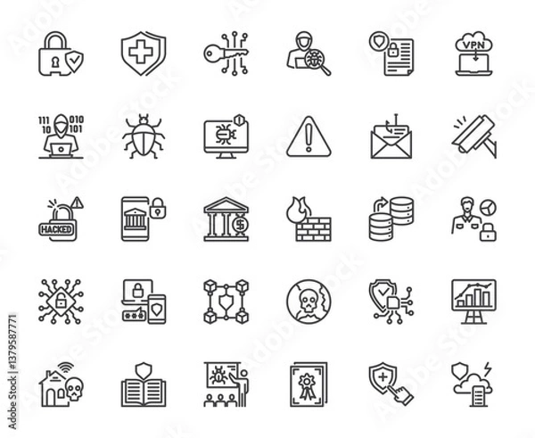 Fototapeta Cybersecurity outline icons set represent digital security concepts using simple, These icons include shields, locks, firewalls, encryption keys, and more, editable store line 48x48 pixel perfect icon