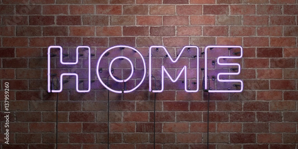 Fototapeta HOME - fluorescent Neon tube Sign on brickwork - Front view - 3D rendered royalty free stock picture. Can be used for online banner ads and direct mailers..