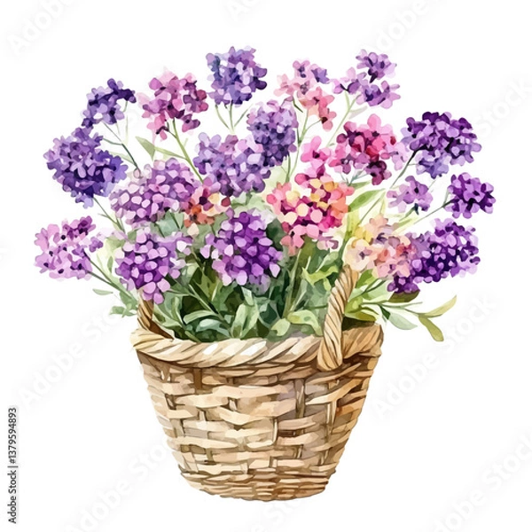 Fototapeta A watercolor vector illustration of Statice bouquet in a basket, isolated on a white background.

