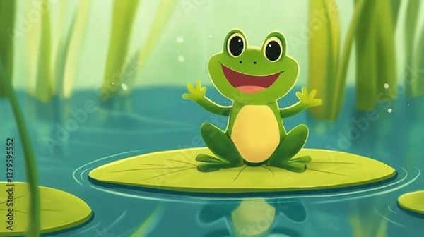 Obraz Happy Frog on a Lily Pad: A Delightful Summer Day Illustration