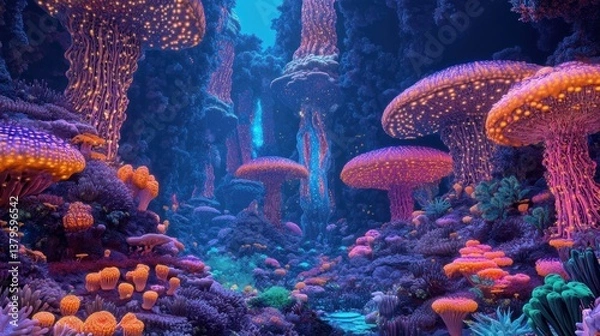 Fototapeta Luminous Underwater Fungi Forest: A digital artwork depicting a vibrant underwater scene filled with bioluminescent fungi and coral formations, creating a surreal and enchanting atmosphere.