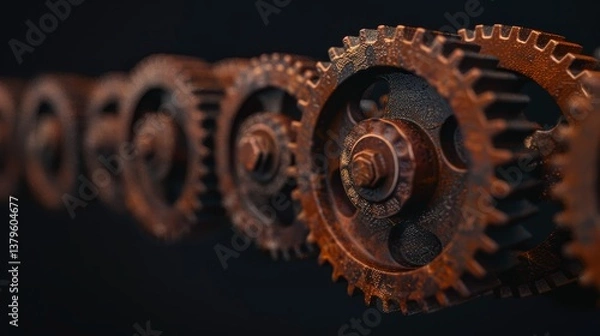 Fototapeta Rusty Gears Interlocking Sequence - Close-up of rusty metal gears interlocked, showing texture and detail. Industrial machinery concept