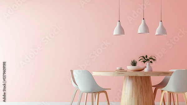 Fototapeta A table with three white chairs and a potted plant in front of it
