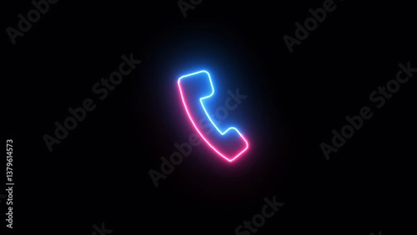 Obraz Glowing neon calling icon with neon circle on black background. Glowing neon Phone Call icon Animation Neon red call icon voice animation on black background